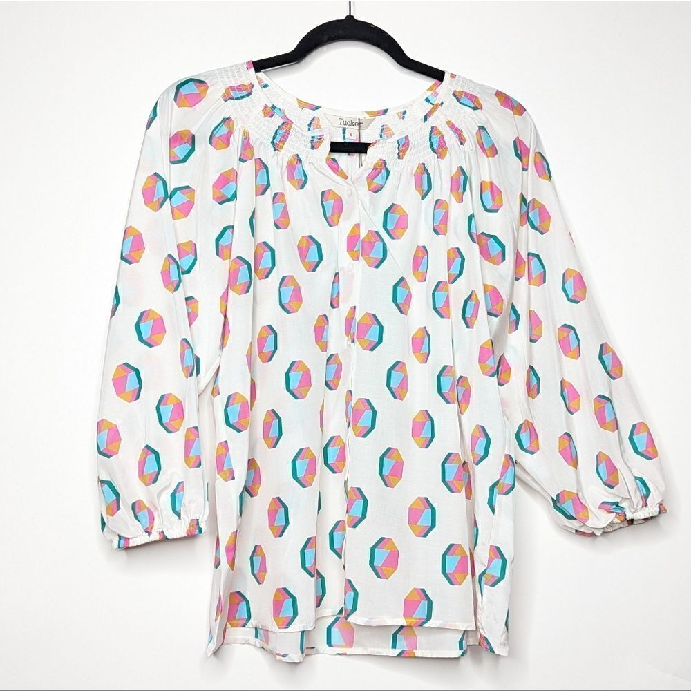 Tucker NYC Classic Blouse Pearl Geo in Silk Cotton Smock Collar Neck Top Luxury